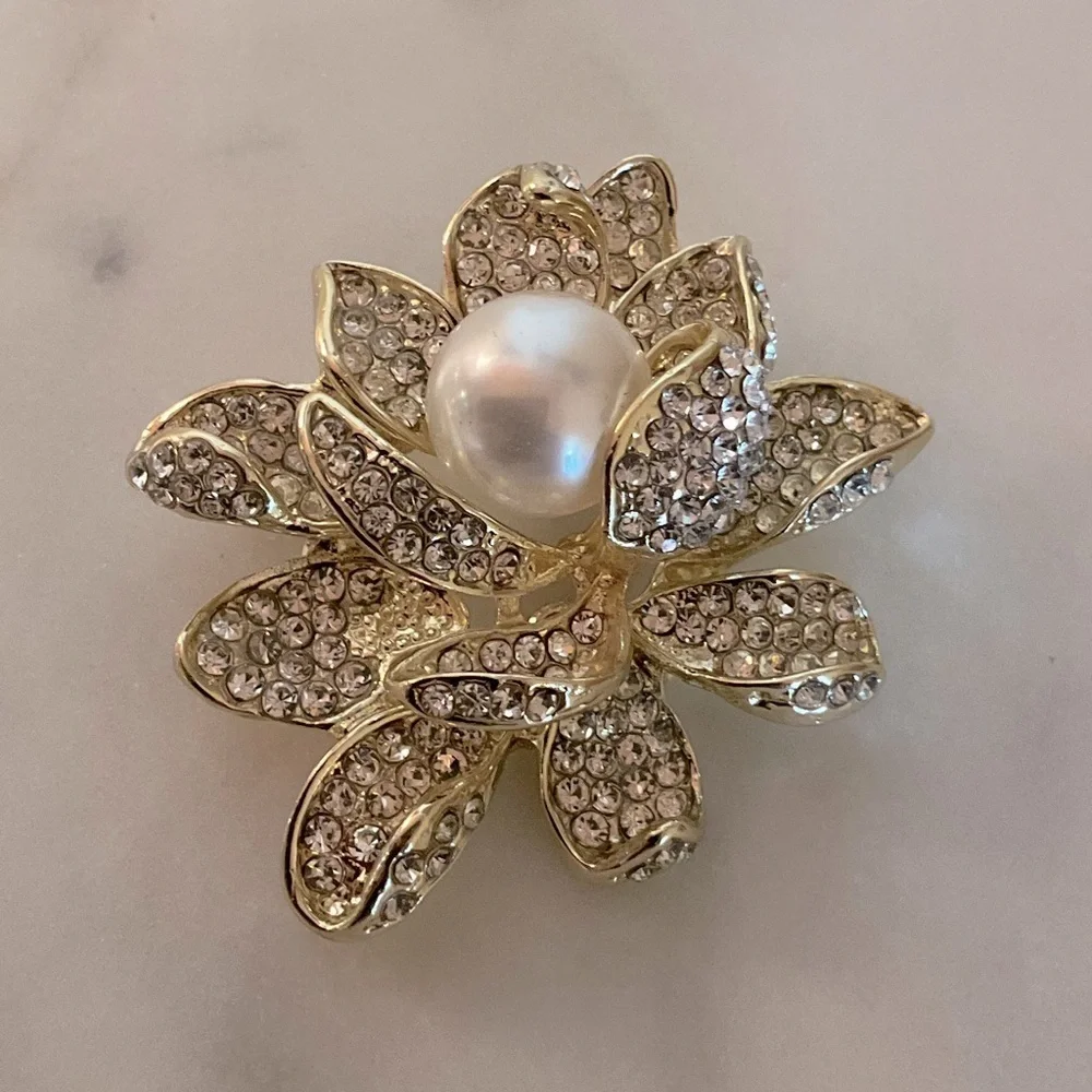 Lotus Flower Brooch with a Faux Pearl Center